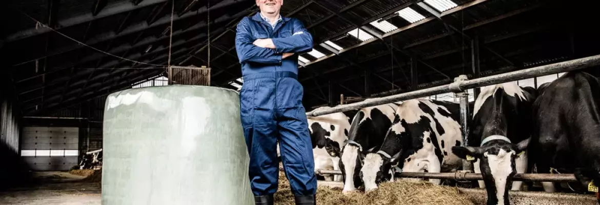Photo illustrant un agriculteur dans une étable avec une botte de foin enrubanné pour son élevage.