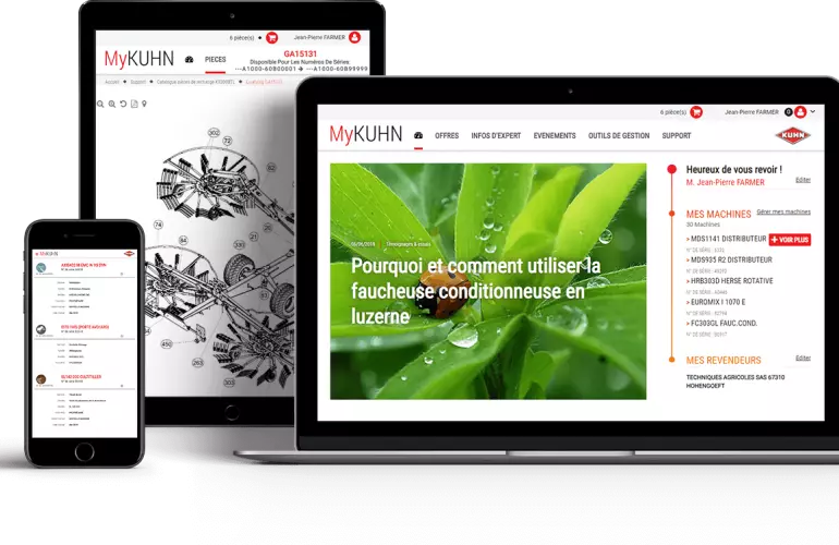 L'interface du portail client MyKUHN visible sur tous les écrans