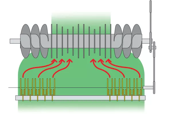 Mała odległość pomiędzy rotorem i palcami podbieracza##NewLine##gwarantuje płynne podawanie materiału do komory prasowania.