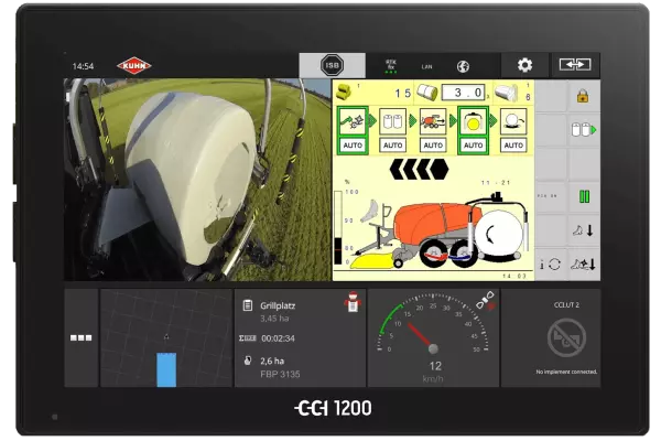 Terminal CCI 1200 pokazujący obraz wideo z owijania beli na żywo. 