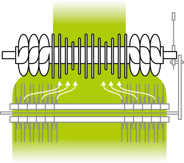 Niewielka odległość między rotorem a zębami podbieracza zapewnia stały przepływ materiału.