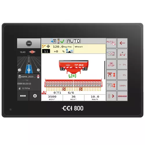 Ekran roboczy terminala CCI 800 z pneumatycznym siewnikiem BTF ISOBUS w zestawie ze zbiornikiem frontalnym TF 1512