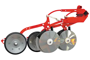 Sekcje wysiewające SEEDFLEX w siewniku rzędowym serii VENTA 1030, z redlicami dwutalerzowymi zamontowanymi na równoległoboku i przesunięciem talerzy względem siebie